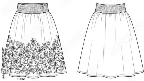 Fashion illustration of a floral embroidered skirt with elasticated waistband front and back view
