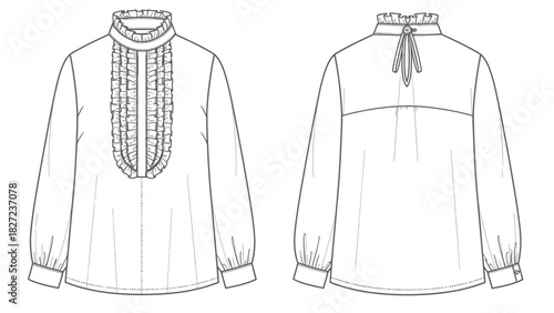 Fashion illustration of a high-neck ruffled blouse with tie back detail