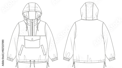 Fashionable technical outerwear Front and back views of a hooded anorak jacket