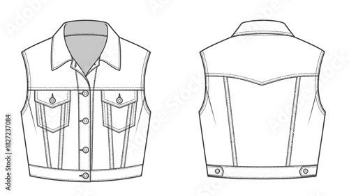 Fashion Flat Sketch Classic Denim Vest with Collar and Button Front, Front and Back Views