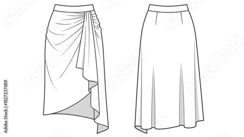 Fashion illustration of a draped asymmetrical midi skirt with gathered details