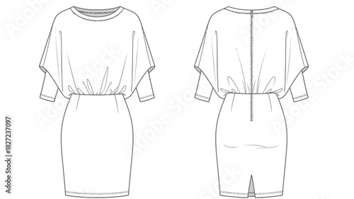 Fashion sketch of a short-sleeved casual dress with a gathered waistline and back zipper