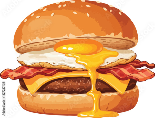 A mouthwatering illustration of a breakfast burger with melted cheese, bacon, and egg on a toasted bun against a clean white background.