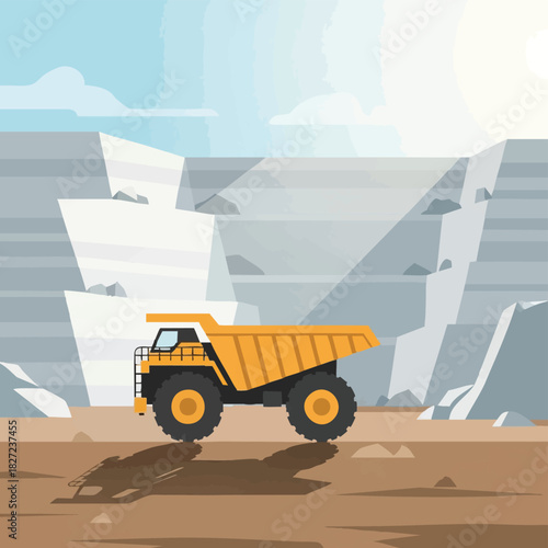 A large yellow mining truck stands on a flat surface in front of a rocky cliff under a bright sky with the sun shining.