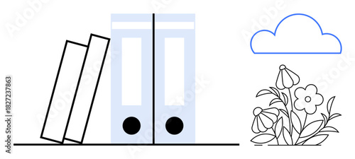 Books and file folders on a desk with a cloud and flowers nearby. Ideal for education, creativity, knowledge, organization, environmental themes, development, mindfulness. Simple flat metaphor