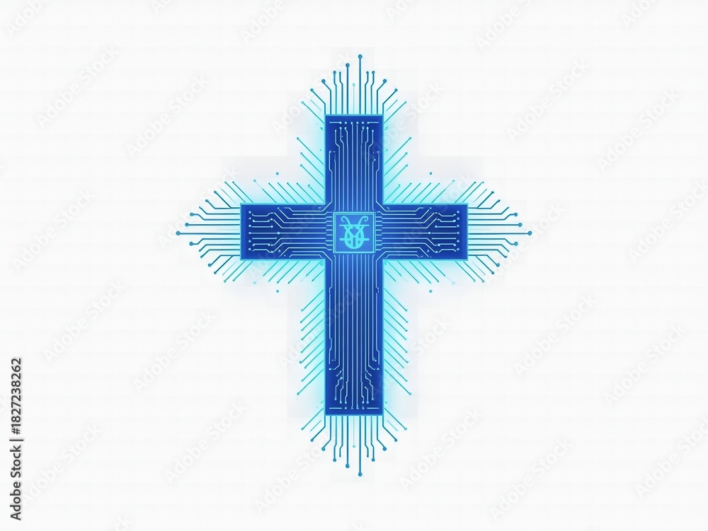 Obraz premium Modern digital cross design with integrated circuit pattern for technology or faith concepts in vibrant blue tones on white background
