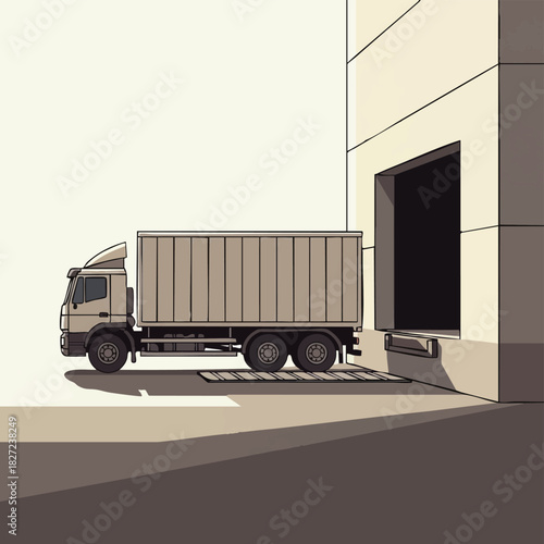 A commercial truck is parked at a loading dock, ready for cargo transfer, representing logistics and supply chain operations in a warehouse setting.