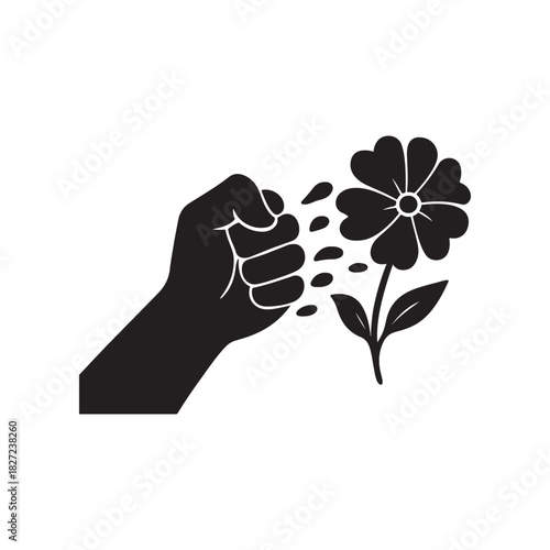Hand squeezing a flower petals flying away a symbol of fragility and the importance of protection vector illustration