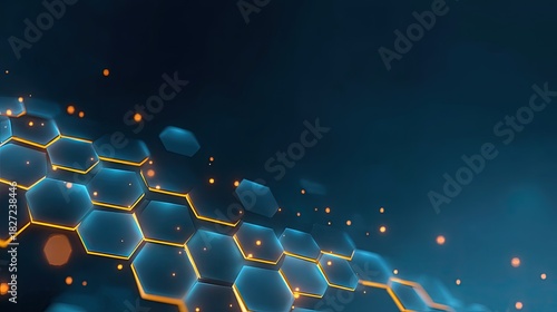 Abstract futuristic background with glowing hexagonal shapes and floating particles in blue and orange tones for technology and innovation themes