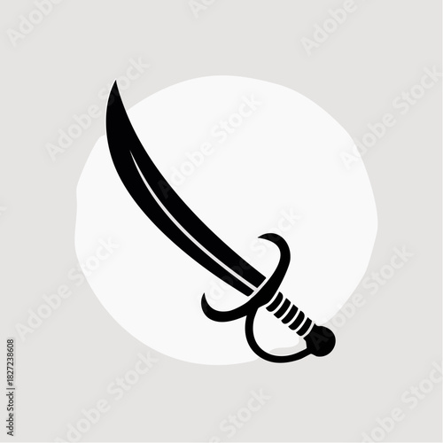 A black silhouette of a curved sword, possibly a saber or scimitar, with a distinct hilt, set against a white circular background on a light grey canvas.