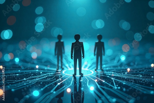 Silhouetted figures stand on glowing circuit paths, surrounded by blue bokeh lights in a futuristic digital realm.