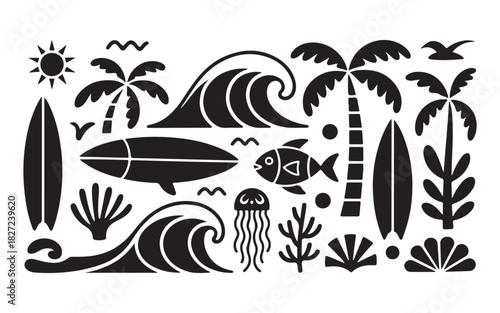 Summer beach and ocean elements collection, tropical vacation set