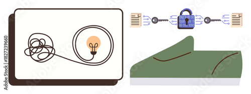 Lightbulb with tangled cord indicating problem-solving, documents connected by a secure lock symbolizing data security, and a growing plant representing development and growth. Ideal for innovation