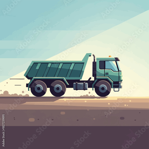 A vibrant illustration captures a green dump truck moving swiftly across a construction site with a bright sunny sky in the background.