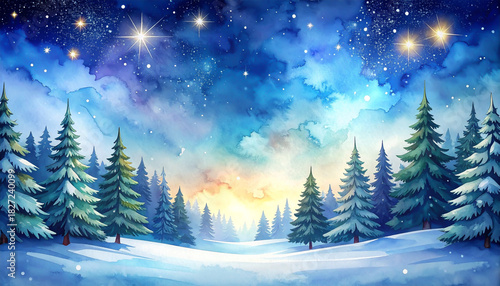 星空が広がる雪の森のクリスマスの夜のイラスト　真ん中に文字スペース