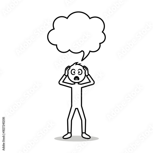 Stickman holding head in disbelief with a cloud thought bubble above. Clean outline art.