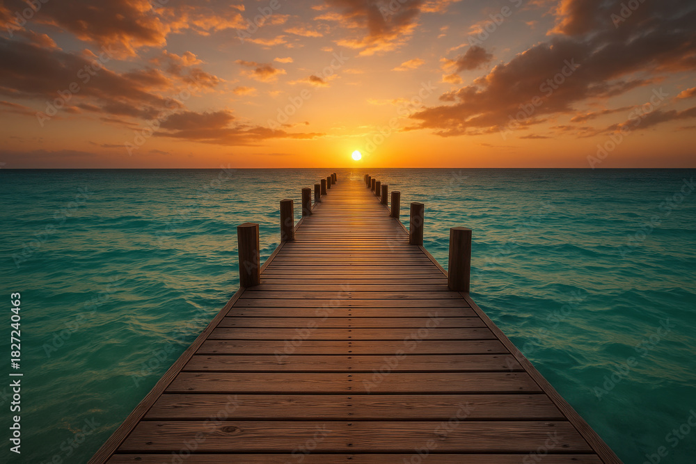 Fototapeta premium Wooden pier ocean sunset tranquil orange sky calm water clouds horizon peaceful vacation. wooden pier stretches into calm ocean vibrant orange sunset sky creating tranquil and peaceful vacation