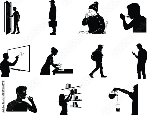 Silhouette people doing various activities vector illustration set