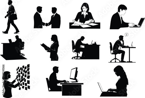 Business people silhouettes set in various poses and actions