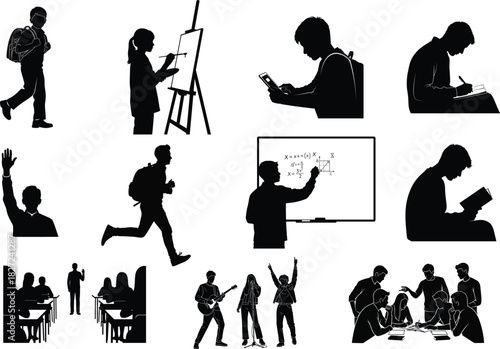 Silhouette of students in various activities on white background