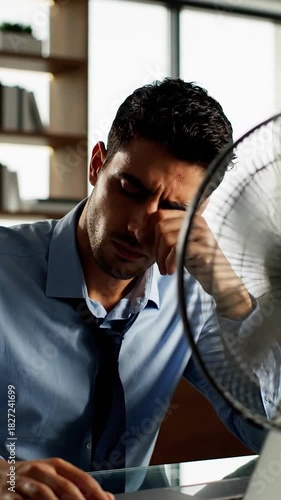 Wallpaper Mural Sweating man in shirt and tie fans himself with his hand near a desk Torontodigital.ca