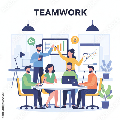 Firefly_Gemini Flash_Business teamwork illustration, flat modern vector, diverse characters collaborating  433960