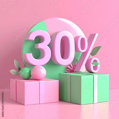 30 Discount Promotion with Pink and Green Gift Boxes and Decorative Elements.