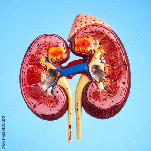 Anatomical Model of Human Kidneys Displaying Internal Structures and Blood Vessels.