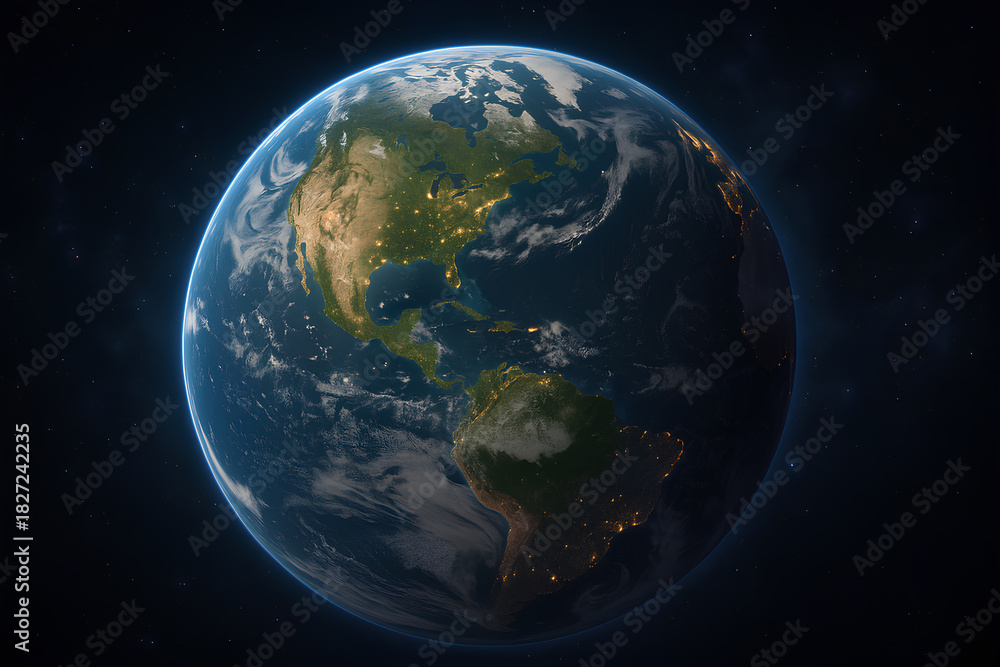 Fototapeta premium Earth from Space at Night with North and South America Visibl