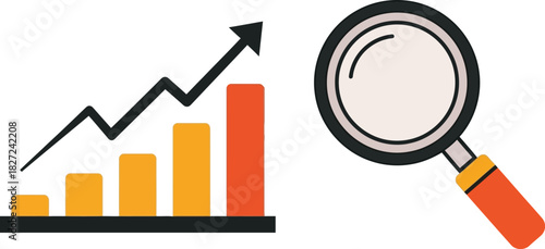 Analyzing growth and progress with a magnifying glass and bar graph