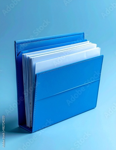 Blue Expanding File Folder with Documents on a Blue Background.
