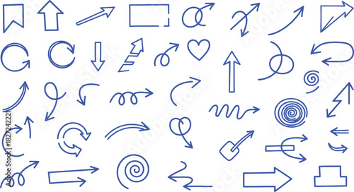Set of hand drawn blue arrows in various shapes and styles