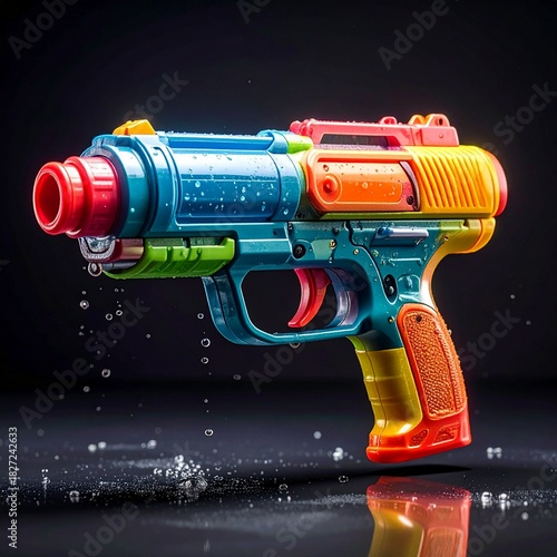 Colorful water gun with water droplets on a dark background, ready for summer fun and play.