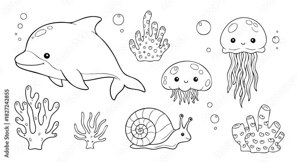 Fototapeta premium Cute Ocean Animals Line Art Vector Illustration with Dolphin Jellyfish Snail and Coral Collection