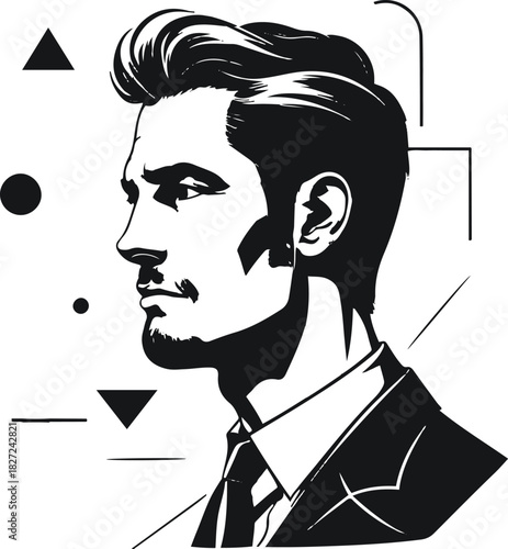 profile of a thoughtful man with abstract geometric shapes