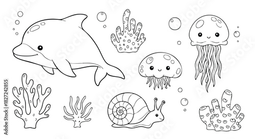 Cute Ocean Animals Line Art Vector Illustration with Dolphin Jellyfish Snail and Coral Collection