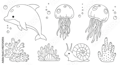 Cute Ocean Animals Line Art Vector Illustration with Dolphin Jellyfish Snail and Coral Elements
