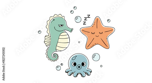 Cute Sea Animals Flat Vector Illustration with Seahorse Sleeping Starfish and Octopus