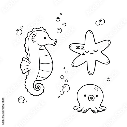 Cute Sea Animals Line Art Vector Illustration with Seahorse Sleeping Starfish and Octopus