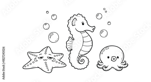 Cute Sea Animals Line Art Vector Illustration with Seahorse Starfish and Octopus Characters