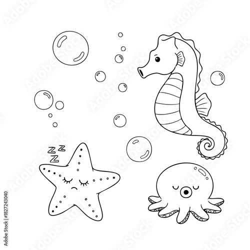 Cute Sea Animals Line Art Vector Illustration with Seahorse Sleeping Starfish and Octopus