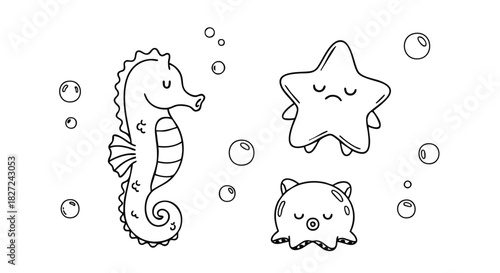 Cute Sea Animals Line Art Vector Illustration with Seahorse Starfish and Sleeping Octopus