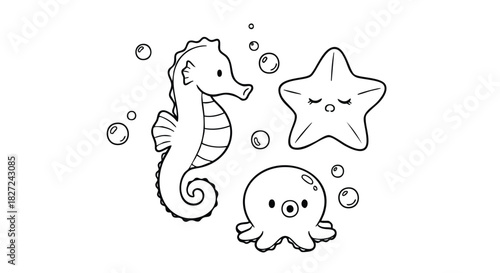 Cute Sea Animals Line Art Vector Illustration with Seahorse Starfish and Octopus Set