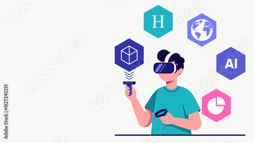 Student Using VR Headset for Interactive Learning in Modern Flat Design