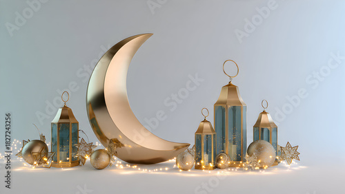 3D Ramadan Crescent and Decorative Frame Background