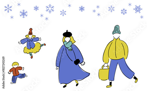 雪の日におでかけの4人家族_冬カラーVer.手描きイラスト｜Family of Four	