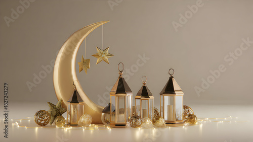 3D Ramadan Crescent and Decorative Frame Background