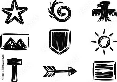 Collection of Hand-Drawn Black and White Icons: Star, Mountains, Eagle, Sun, and More