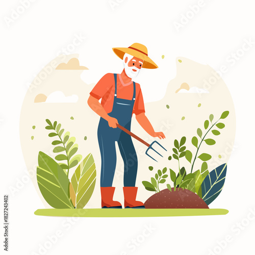 Gardener tending soil with garden tools.