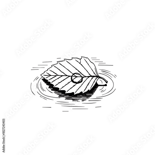 Serene leaf with a dewdrop floating on rippling water.